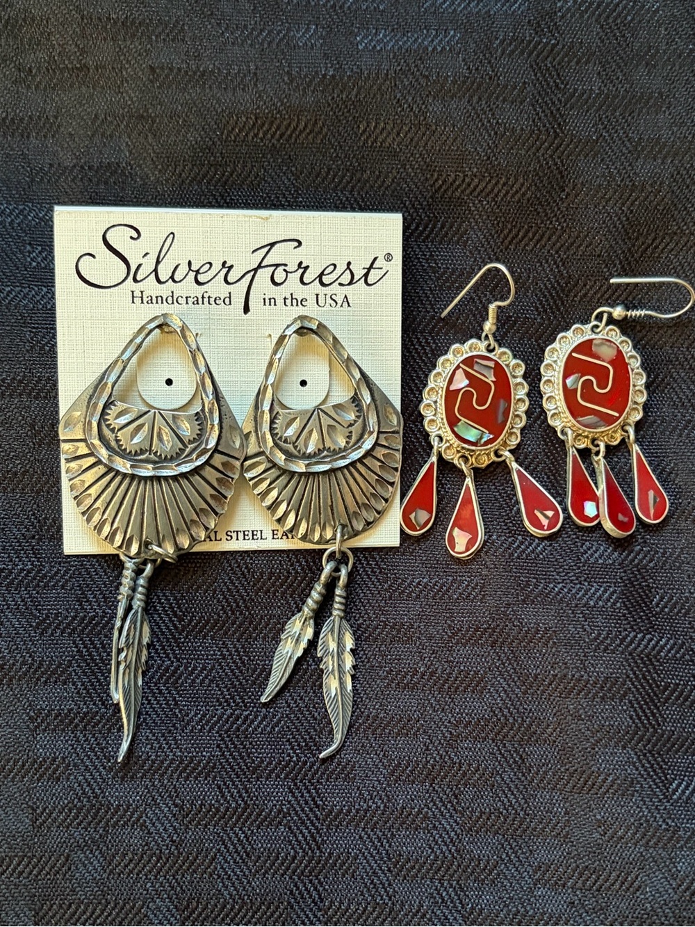 Silver Forest Feather Earrings & Alpaca Mexico Inlay Dangle Earrings 2 Pairs